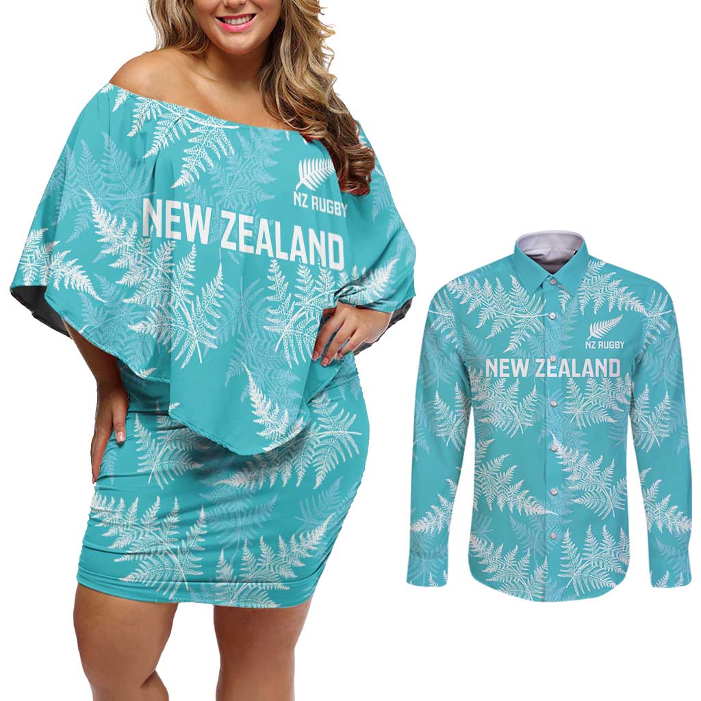 New Zealand Silver Fern Rugby Custom Couples Matching Off Shoulder Short Dress and Long Sleeve Button Shirt Go Aotearoa Champions Turquoise Version LT14 Turquoise - Polynesian Pride