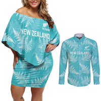 New Zealand Silver Fern Rugby Custom Couples Matching Off Shoulder Short Dress and Long Sleeve Button Shirt Go Aotearoa Champions Turquoise Version LT14 Turquoise - Polynesian Pride