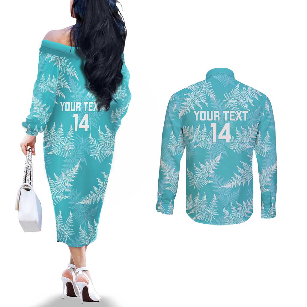 New Zealand Silver Fern Rugby Custom Couples Matching Off The Shoulder Long Sleeve Dress and Long Sleeve Button Shirt Go Aotearoa Champions Turquoise Version - Polynesian Pride