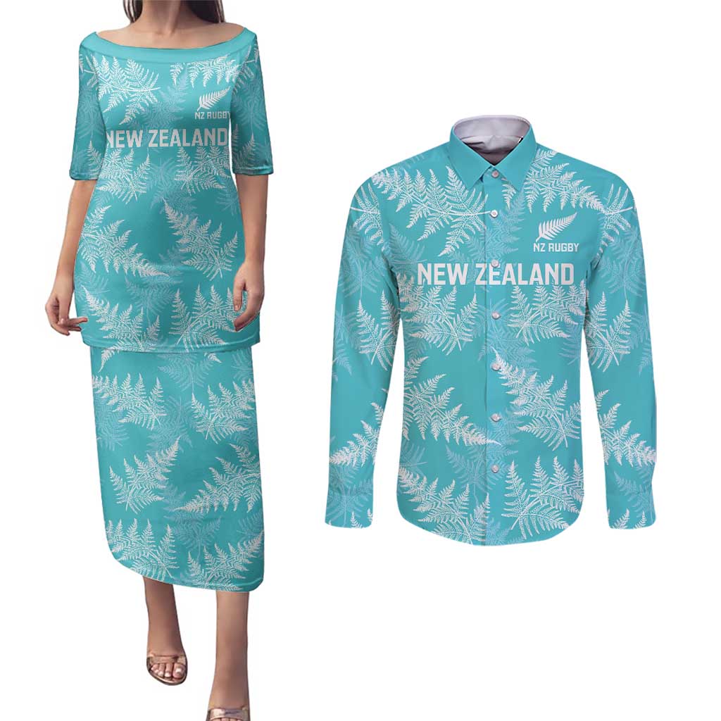 New Zealand Silver Fern Rugby Custom Couples Matching Puletasi and Long Sleeve Button Shirt Go Aotearoa Champions Turquoise Version - Polynesian Pride