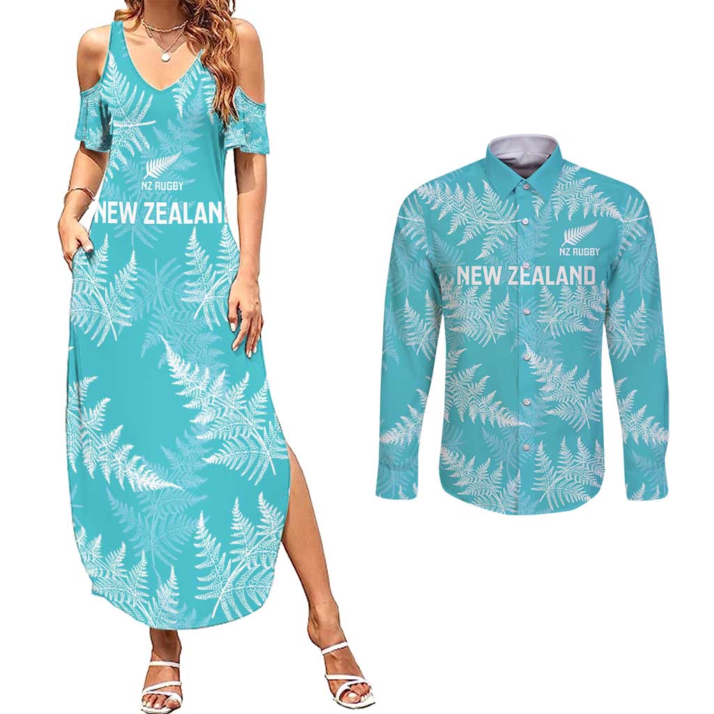 New Zealand Silver Fern Rugby Custom Couples Matching Summer Maxi Dress and Long Sleeve Button Shirt Go Aotearoa Champions Turquoise Version - Polynesian Pride