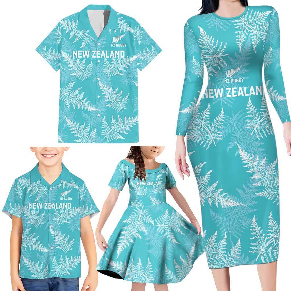 New Zealand Silver Fern Rugby Custom Family Matching Long Sleeve Bodycon Dress and Hawaiian Shirt Go Aotearoa Champions Turquoise Version - Polynesian Pride