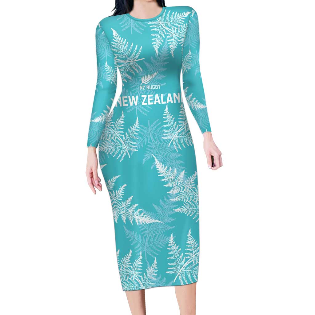 New Zealand Silver Fern Rugby Custom Family Matching Long Sleeve Bodycon Dress and Hawaiian Shirt Go Aotearoa Champions Turquoise Version LT14 Mom's Dress Turquoise - Polynesian Pride