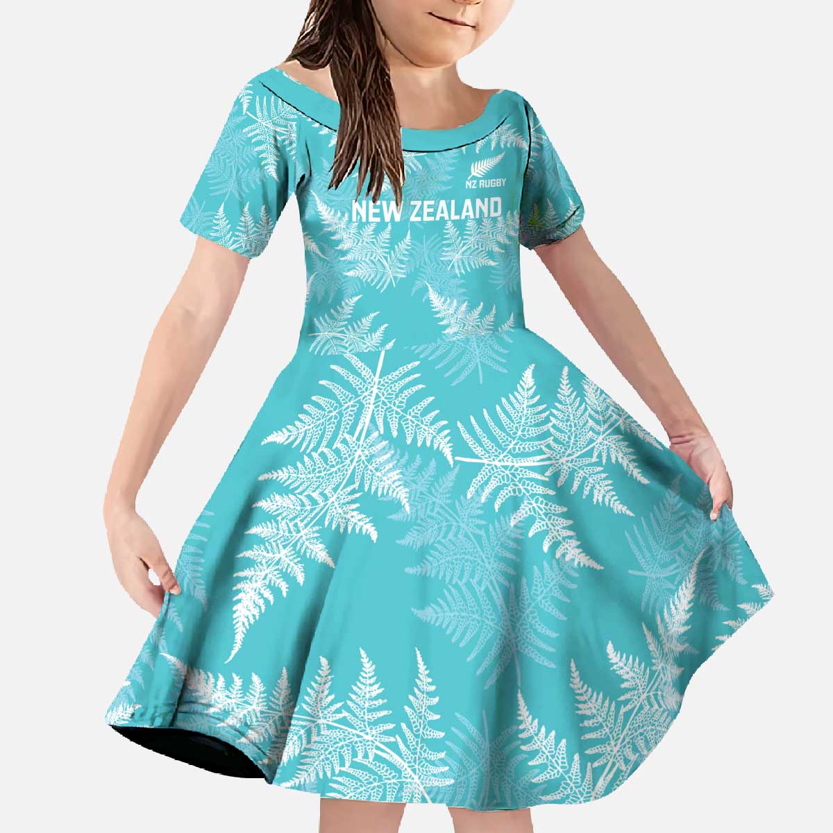 New Zealand Silver Fern Rugby Custom Family Matching Off The Shoulder Long Sleeve Dress and Hawaiian Shirt Go Aotearoa Champions Turquoise Version - Polynesian Pride