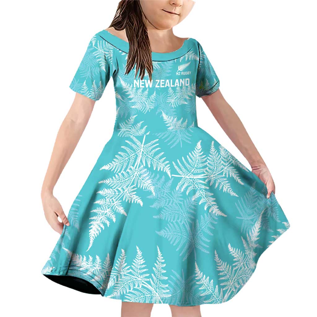 New Zealand Silver Fern Rugby Custom Family Matching Off Shoulder Short Dress and Hawaiian Shirt Go Aotearoa Champions Turquoise Version LT14 Daughter's Dress Turquoise - Polynesian Pride