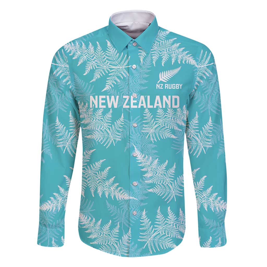 New Zealand Silver Fern Rugby Custom Family Matching Off Shoulder Short Dress and Hawaiian Shirt Go Aotearoa Champions Turquoise Version LT14 Dad's Shirt - Long Sleeve Turquoise - Polynesian Pride