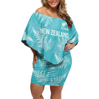 New Zealand Silver Fern Rugby Custom Family Matching Off Shoulder Short Dress and Hawaiian Shirt Go Aotearoa Champions Turquoise Version LT14 Mom's Dress Turquoise - Polynesian Pride