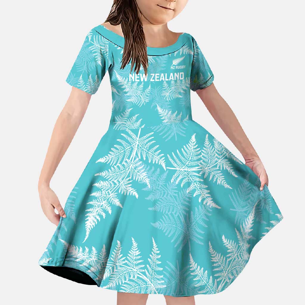 New Zealand Silver Fern Rugby Custom Family Matching Short Sleeve Bodycon Dress and Hawaiian Shirt Go Aotearoa Champions Turquoise Version LT14 Daughter's Dress Turquoise - Polynesian Pride