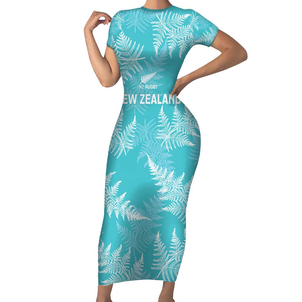 New Zealand Silver Fern Rugby Custom Family Matching Short Sleeve Bodycon Dress and Hawaiian Shirt Go Aotearoa Champions Turquoise Version LT14 Mom's Dress Turquoise - Polynesian Pride