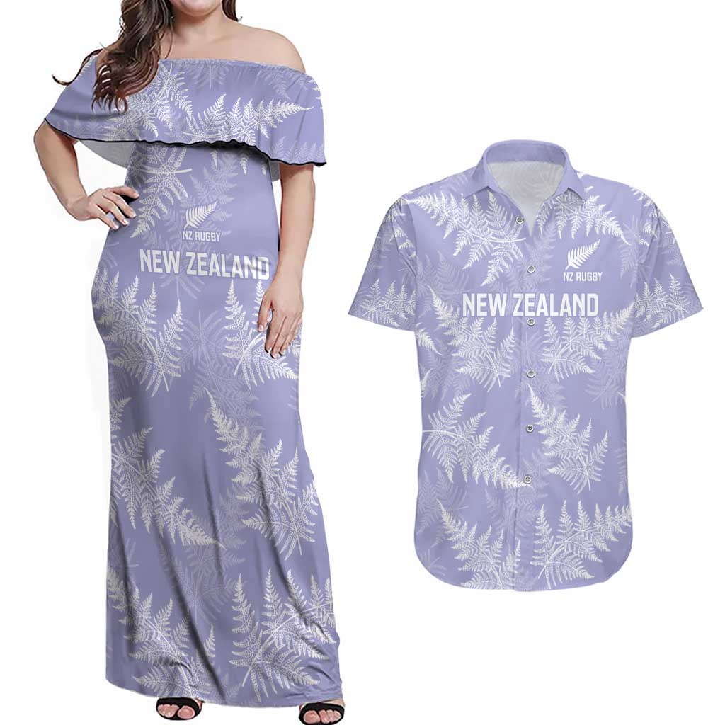 New Zealand Silver Fern Rugby Custom Couples Matching Off Shoulder Maxi Dress and Hawaiian Shirt Go Aotearoa Champions Purple Version LT14 Purple - Polynesian Pride