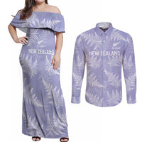 New Zealand Silver Fern Rugby Custom Couples Matching Off Shoulder Maxi Dress and Long Sleeve Button Shirt Go Aotearoa Champions Purple Version LT14 Purple - Polynesian Pride
