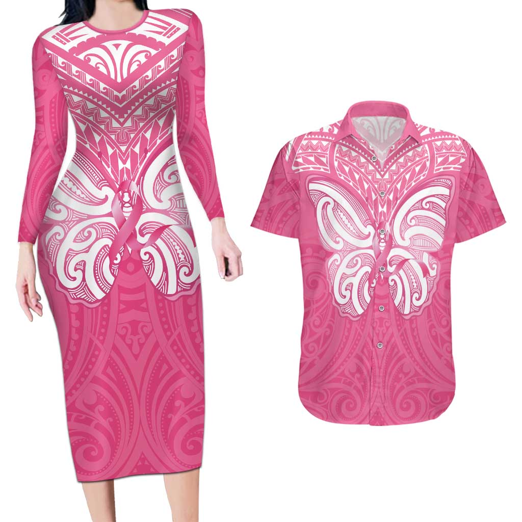 New Zealand Breast Cancer Awareness Couples Matching Long Sleeve Bodycon Dress and Hawaiian Shirt Maori Butterfly Pink Ribbon LT14 Pink - Polynesian Pride