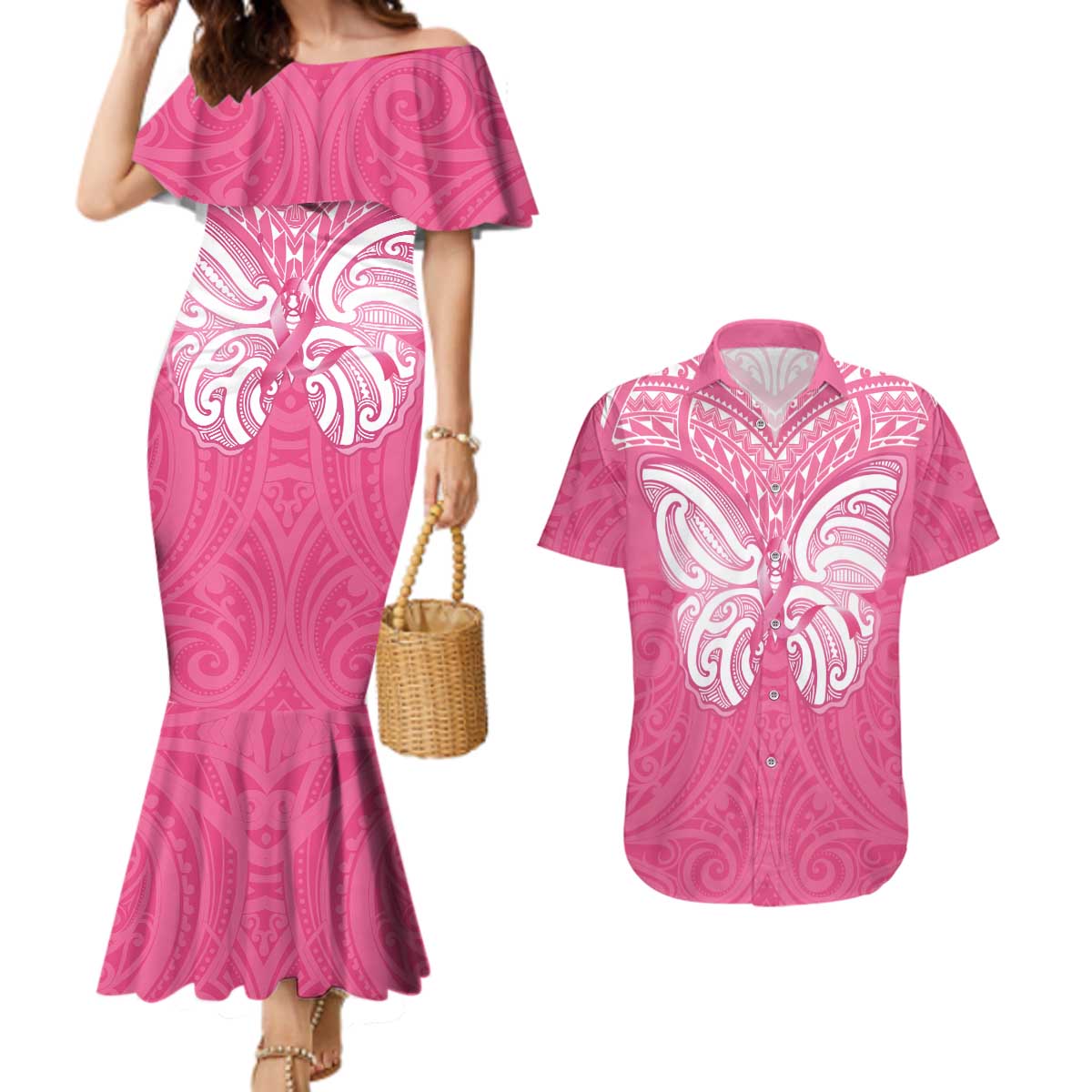 New Zealand Breast Cancer Awareness Couples Matching Mermaid Dress and Hawaiian Shirt Maori Butterfly Pink Ribbon LT14 Pink - Polynesian Pride