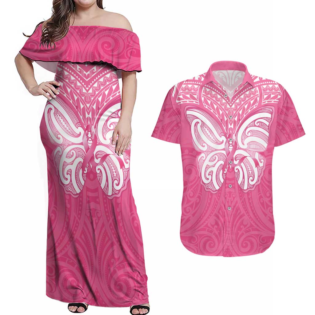 New Zealand Breast Cancer Awareness Couples Matching Off Shoulder Maxi Dress and Hawaiian Shirt Maori Butterfly Pink Ribbon LT14 Pink - Polynesian Pride