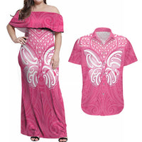 New Zealand Breast Cancer Awareness Couples Matching Off Shoulder Maxi Dress and Hawaiian Shirt Maori Butterfly Pink Ribbon LT14 Pink - Polynesian Pride