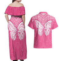 New Zealand Breast Cancer Awareness Couples Matching Off Shoulder Maxi Dress and Hawaiian Shirt Maori Butterfly Pink Ribbon LT14 - Polynesian Pride