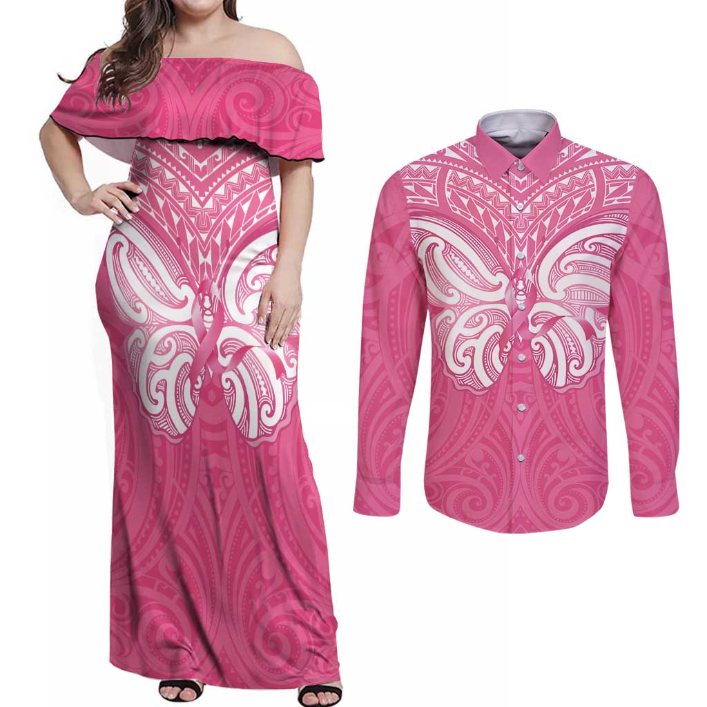 New Zealand Breast Cancer Awareness Couples Matching Off Shoulder Maxi Dress and Long Sleeve Button Shirt Maori Butterfly Pink Ribbon LT14 Pink - Polynesian Pride