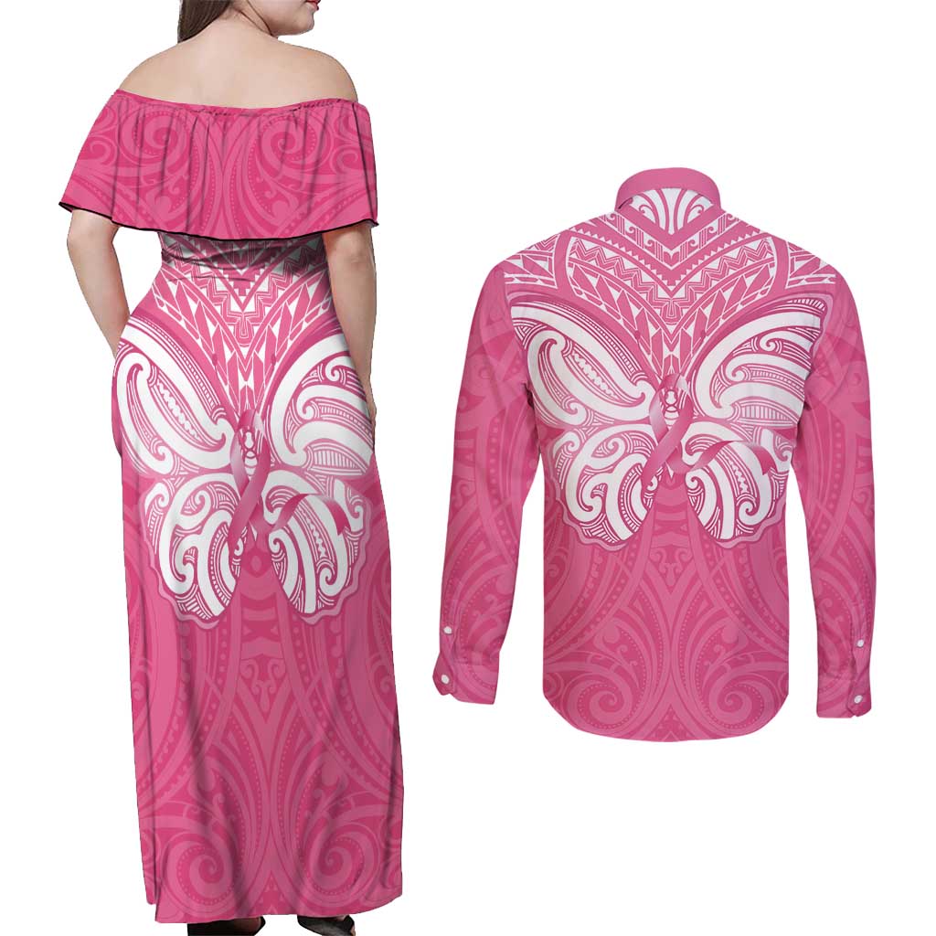 New Zealand Breast Cancer Awareness Couples Matching Off Shoulder Maxi Dress and Long Sleeve Button Shirt Maori Butterfly Pink Ribbon LT14 - Polynesian Pride