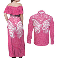 New Zealand Breast Cancer Awareness Couples Matching Off Shoulder Maxi Dress and Long Sleeve Button Shirt Maori Butterfly Pink Ribbon LT14 - Polynesian Pride