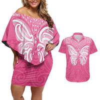 New Zealand Breast Cancer Awareness Couples Matching Off Shoulder Short Dress and Hawaiian Shirt Maori Butterfly Pink Ribbon LT14 Pink - Polynesian Pride