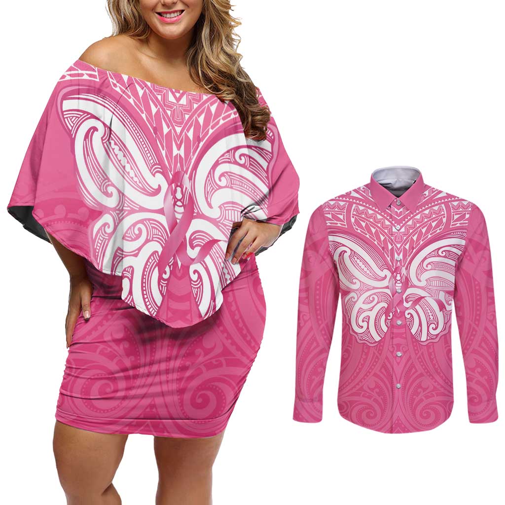 New Zealand Breast Cancer Awareness Couples Matching Off Shoulder Short Dress and Long Sleeve Button Shirt Maori Butterfly Pink Ribbon LT14 Pink - Polynesian Pride