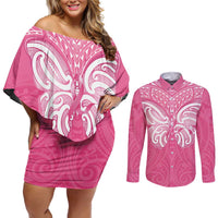 New Zealand Breast Cancer Awareness Couples Matching Off Shoulder Short Dress and Long Sleeve Button Shirt Maori Butterfly Pink Ribbon LT14 Pink - Polynesian Pride