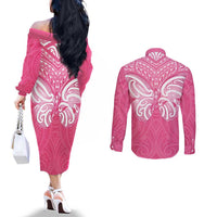 New Zealand Breast Cancer Awareness Couples Matching Off The Shoulder Long Sleeve Dress and Long Sleeve Button Shirt Maori Butterfly Pink Ribbon LT14 - Polynesian Pride