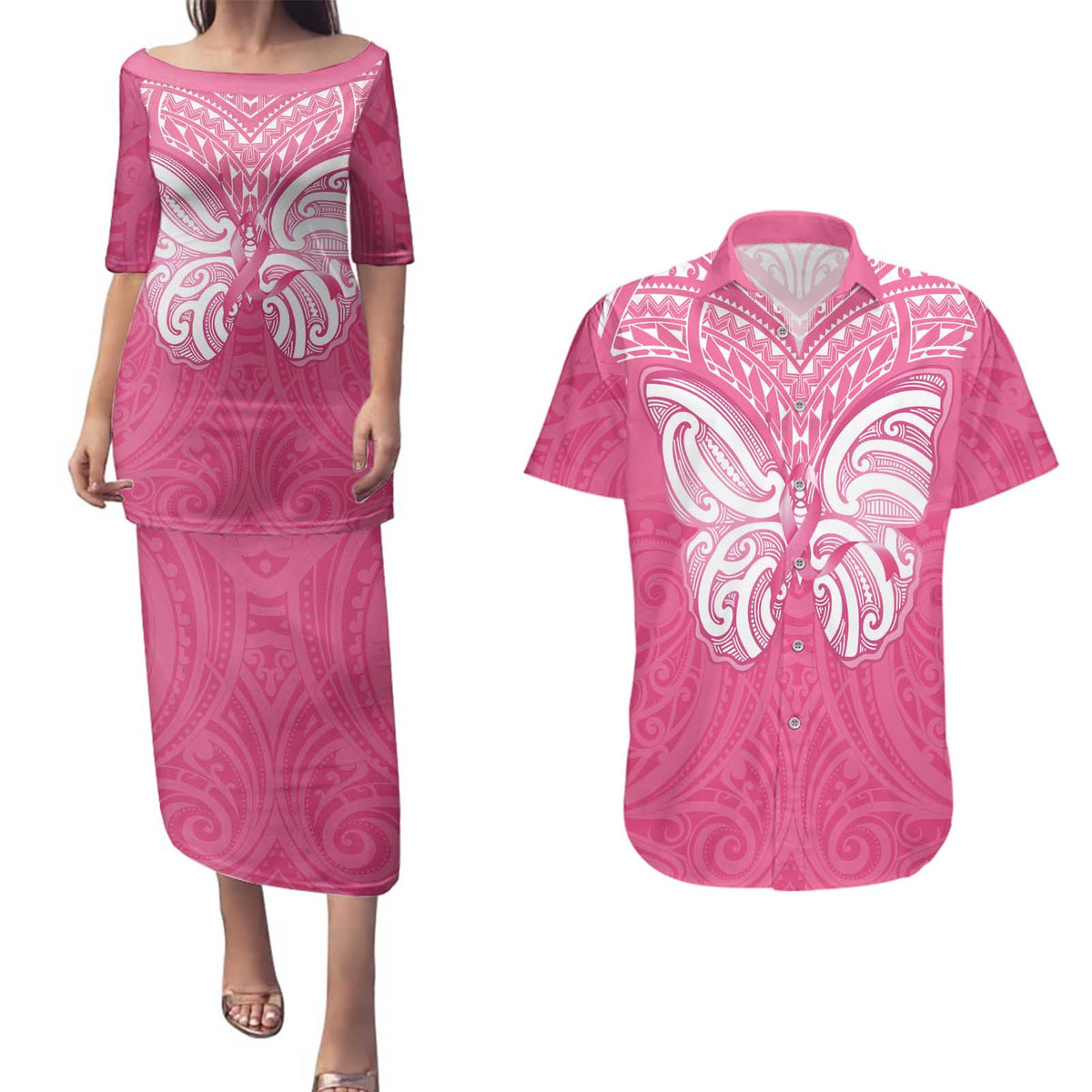New Zealand Breast Cancer Awareness Couples Matching Puletasi and Hawaiian Shirt Maori Butterfly Pink Ribbon LT14 Pink - Polynesian Pride