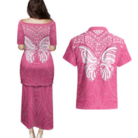 New Zealand Breast Cancer Awareness Couples Matching Puletasi and Hawaiian Shirt Maori Butterfly Pink Ribbon LT14 - Polynesian Pride