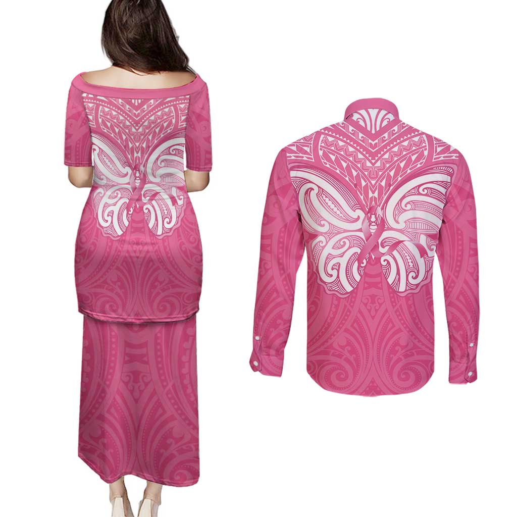 New Zealand Breast Cancer Awareness Couples Matching Puletasi and Long Sleeve Button Shirt Maori Butterfly Pink Ribbon LT14 - Polynesian Pride
