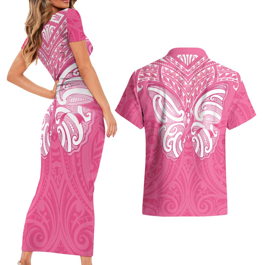 New Zealand Breast Cancer Awareness Couples Matching Short Sleeve Bodycon Dress and Hawaiian Shirt Maori Butterfly Pink Ribbon LT14 - Polynesian Pride