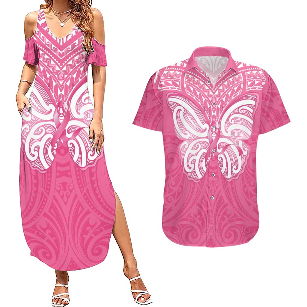 New Zealand Breast Cancer Awareness Couples Matching Summer Maxi Dress and Hawaiian Shirt Maori Butterfly Pink Ribbon LT14 Pink - Polynesian Pride