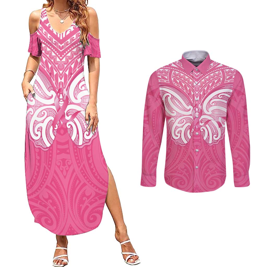 New Zealand Breast Cancer Awareness Couples Matching Summer Maxi Dress and Long Sleeve Button Shirt Maori Butterfly Pink Ribbon LT14 Pink - Polynesian Pride