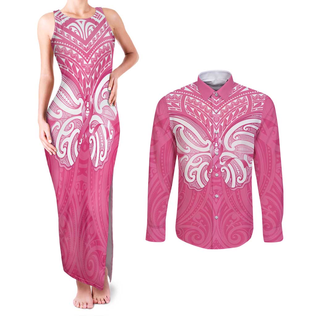 New Zealand Breast Cancer Awareness Couples Matching Tank Maxi Dress and Long Sleeve Button Shirt Maori Butterfly Pink Ribbon LT14 Pink - Polynesian Pride