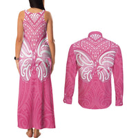 New Zealand Breast Cancer Awareness Couples Matching Tank Maxi Dress and Long Sleeve Button Shirt Maori Butterfly Pink Ribbon LT14 - Polynesian Pride