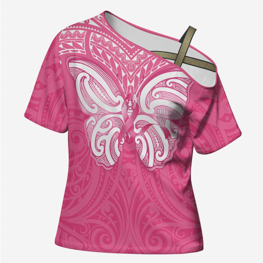 New Zealand Breast Cancer Awareness Cross Shoulder Shirt Maori Butterfly Pink Ribbon - Polynesian Pride