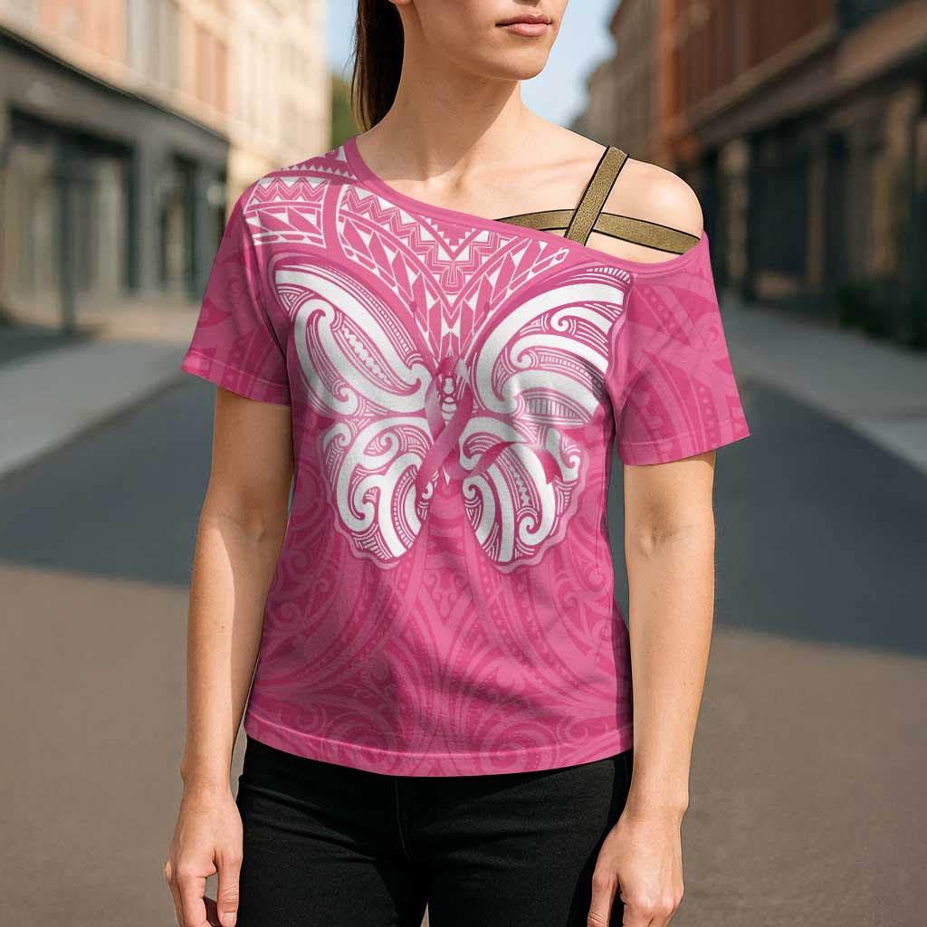 New Zealand Breast Cancer Awareness Cross Shoulder Shirt Maori Butterfly Pink Ribbon LT14 - Polynesian Pride