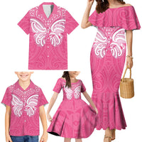 New Zealand Breast Cancer Awareness Family Matching Mermaid Dress and Hawaiian Shirt Maori Butterfly Pink Ribbon LT14 - Polynesian Pride