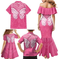 New Zealand Breast Cancer Awareness Family Matching Mermaid Dress and Hawaiian Shirt Maori Butterfly Pink Ribbon LT14 - Polynesian Pride