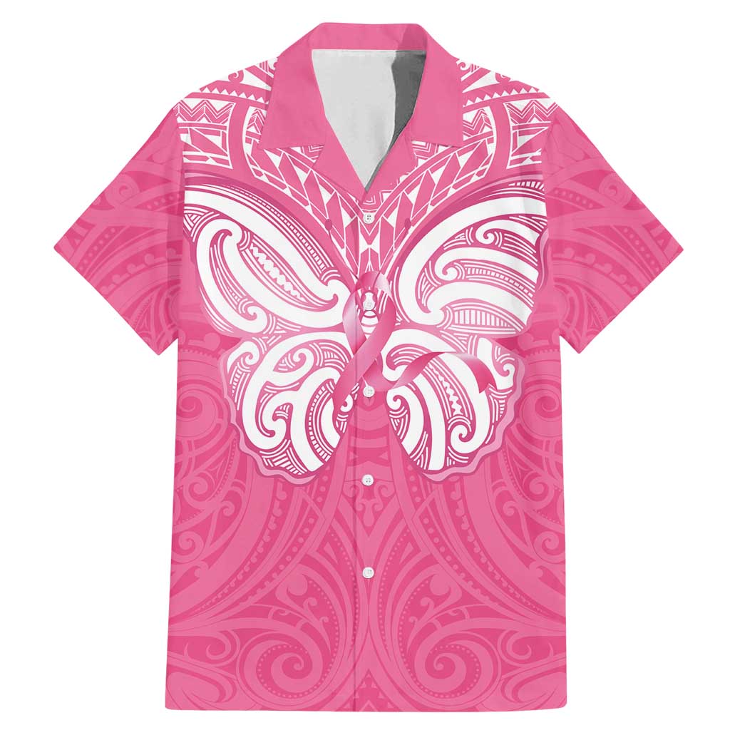 New Zealand Breast Cancer Awareness Family Matching Mermaid Dress and Hawaiian Shirt Maori Butterfly Pink Ribbon LT14 Dad's Shirt - Short Sleeve Pink - Polynesian Pride