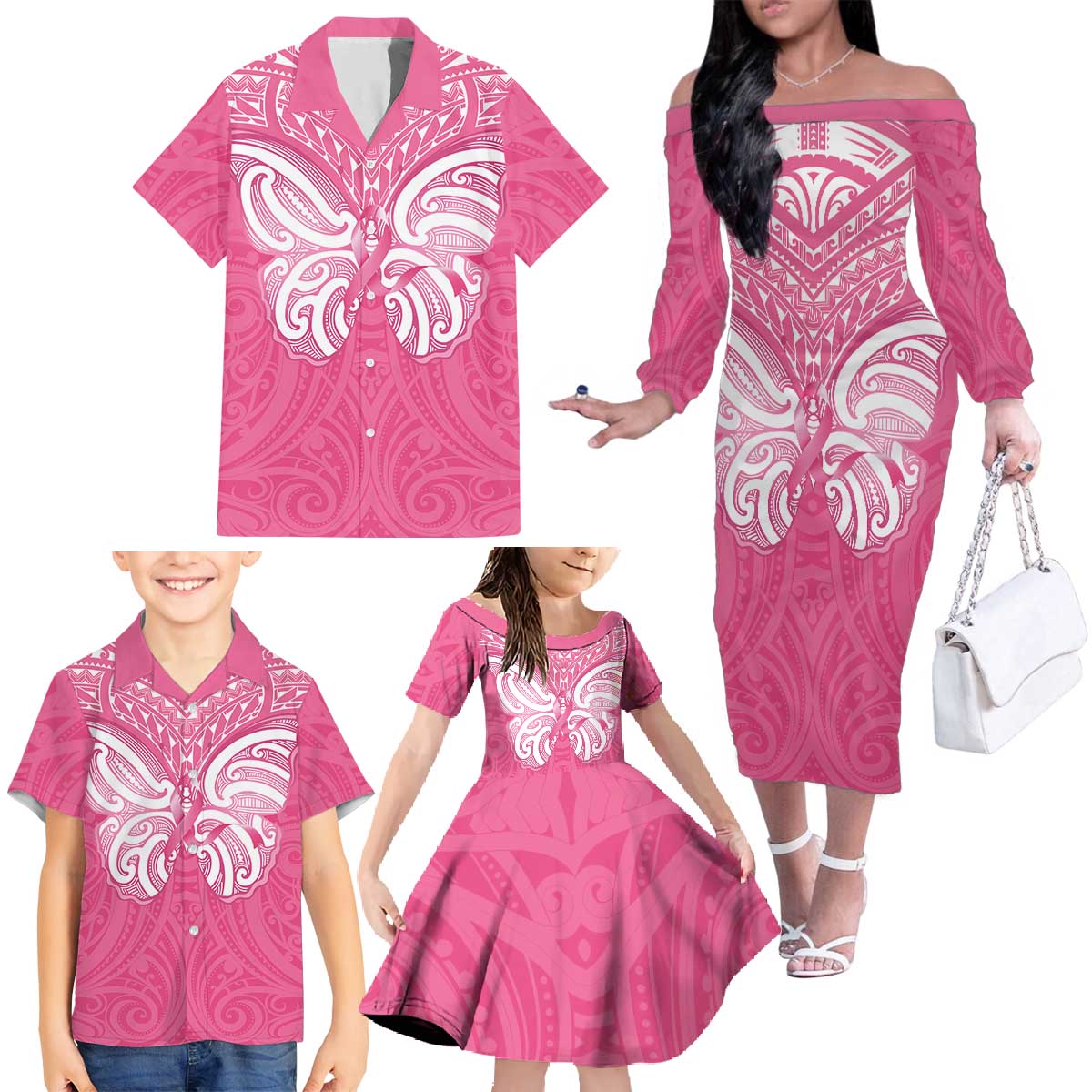 New Zealand Breast Cancer Awareness Family Matching Off The Shoulder Long Sleeve Dress and Hawaiian Shirt Maori Butterfly Pink Ribbon LT14 - Polynesian Pride