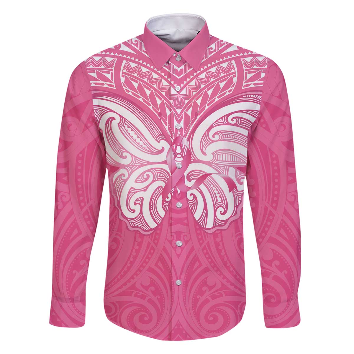 New Zealand Breast Cancer Awareness Family Matching Off The Shoulder Long Sleeve Dress and Hawaiian Shirt Maori Butterfly Pink Ribbon LT14 Dad's Shirt - Long Sleeve Pink - Polynesian Pride