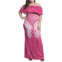 New Zealand Breast Cancer Awareness Family Matching Off Shoulder Maxi Dress and Hawaiian Shirt Maori Butterfly Pink Ribbon LT14 Mom's Dress Pink - Polynesian Pride