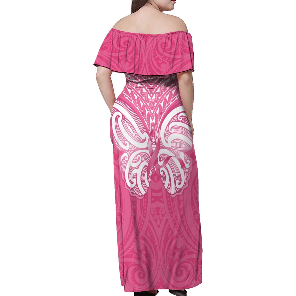 New Zealand Breast Cancer Awareness Family Matching Off Shoulder Maxi Dress and Hawaiian Shirt Maori Butterfly Pink Ribbon LT14 - Polynesian Pride