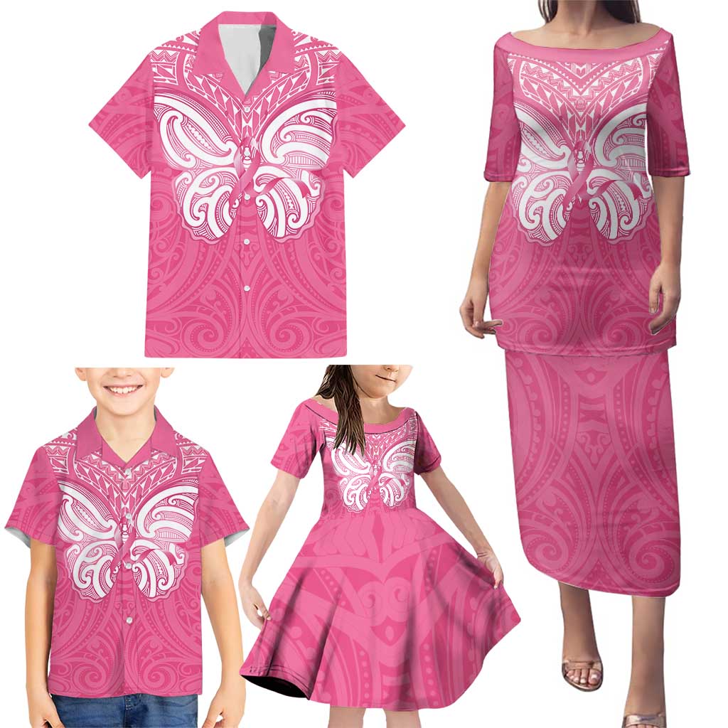 New Zealand Breast Cancer Awareness Family Matching Puletasi and Hawaiian Shirt Maori Butterfly Pink Ribbon LT14 - Polynesian Pride