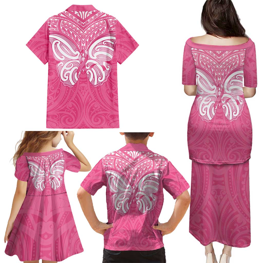 New Zealand Breast Cancer Awareness Family Matching Puletasi and Hawaiian Shirt Maori Butterfly Pink Ribbon LT14 - Polynesian Pride