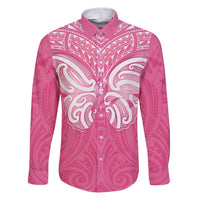 New Zealand Breast Cancer Awareness Family Matching Puletasi and Hawaiian Shirt Maori Butterfly Pink Ribbon LT14 Dad's Shirt - Long Sleeve Pink - Polynesian Pride