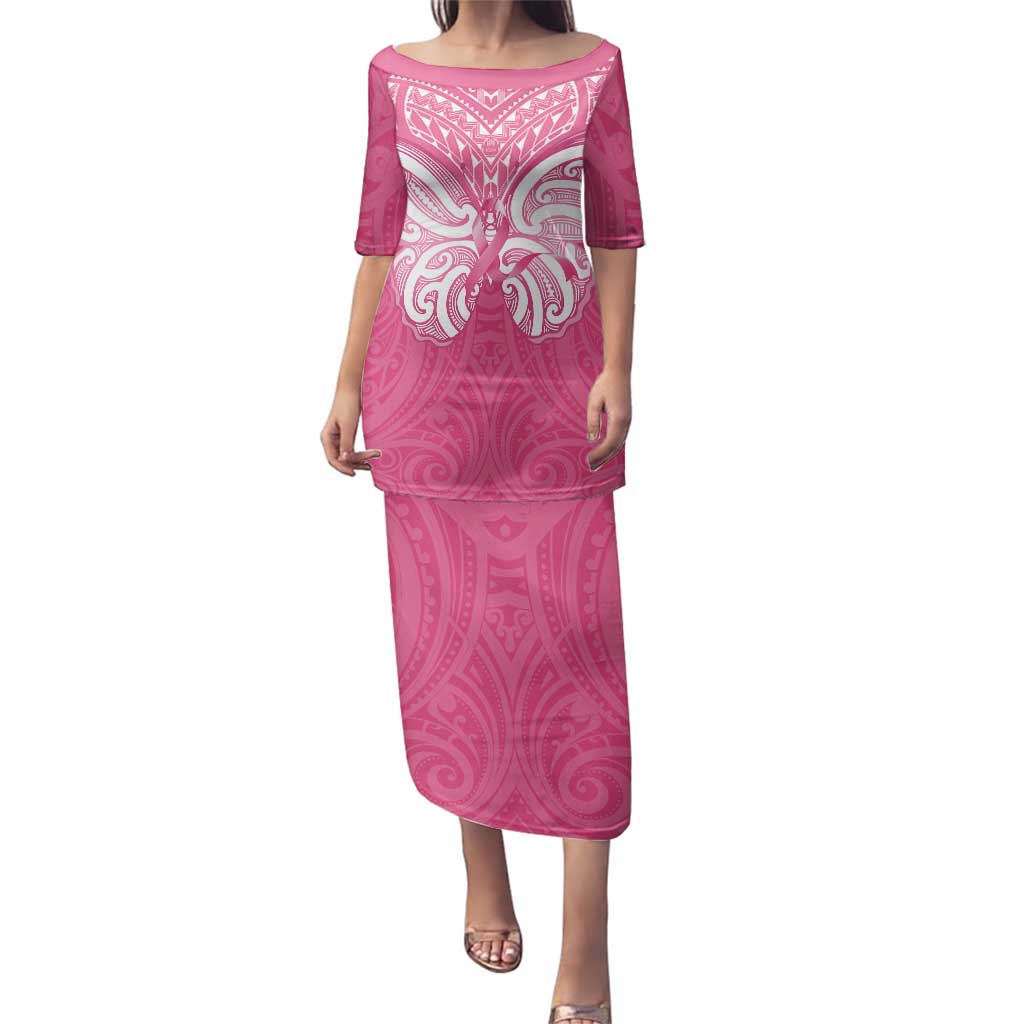 New Zealand Breast Cancer Awareness Family Matching Puletasi and Hawaiian Shirt Maori Butterfly Pink Ribbon LT14 Mom's Dress Pink - Polynesian Pride