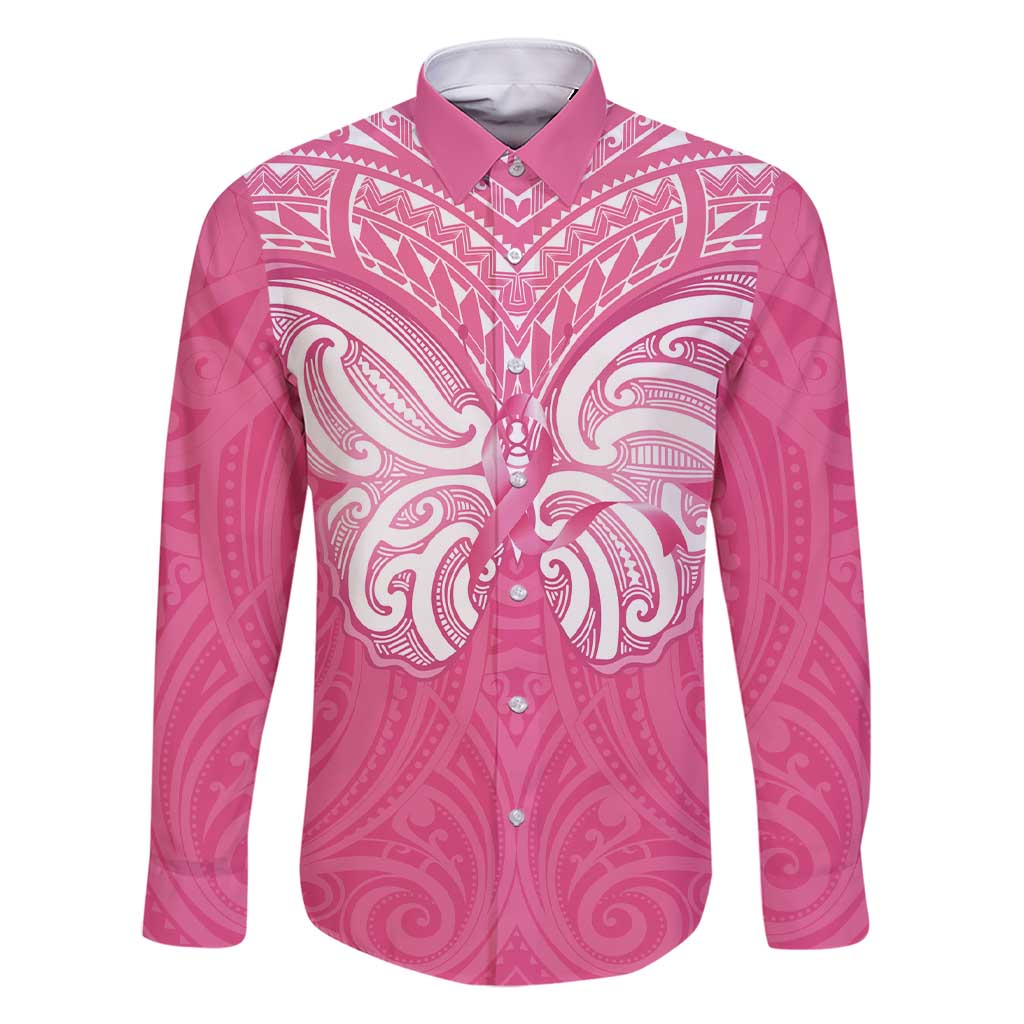 New Zealand Breast Cancer Awareness Family Matching Short Sleeve Bodycon Dress and Hawaiian Shirt Maori Butterfly Pink Ribbon LT14 Dad's Shirt - Long Sleeve Pink - Polynesian Pride
