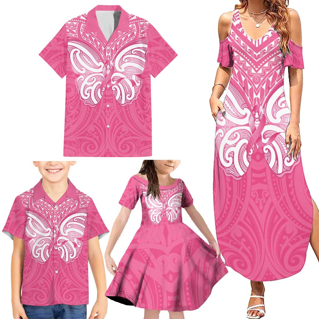 New Zealand Breast Cancer Awareness Family Matching Summer Maxi Dress and Hawaiian Shirt Maori Butterfly Pink Ribbon LT14 - Polynesian Pride